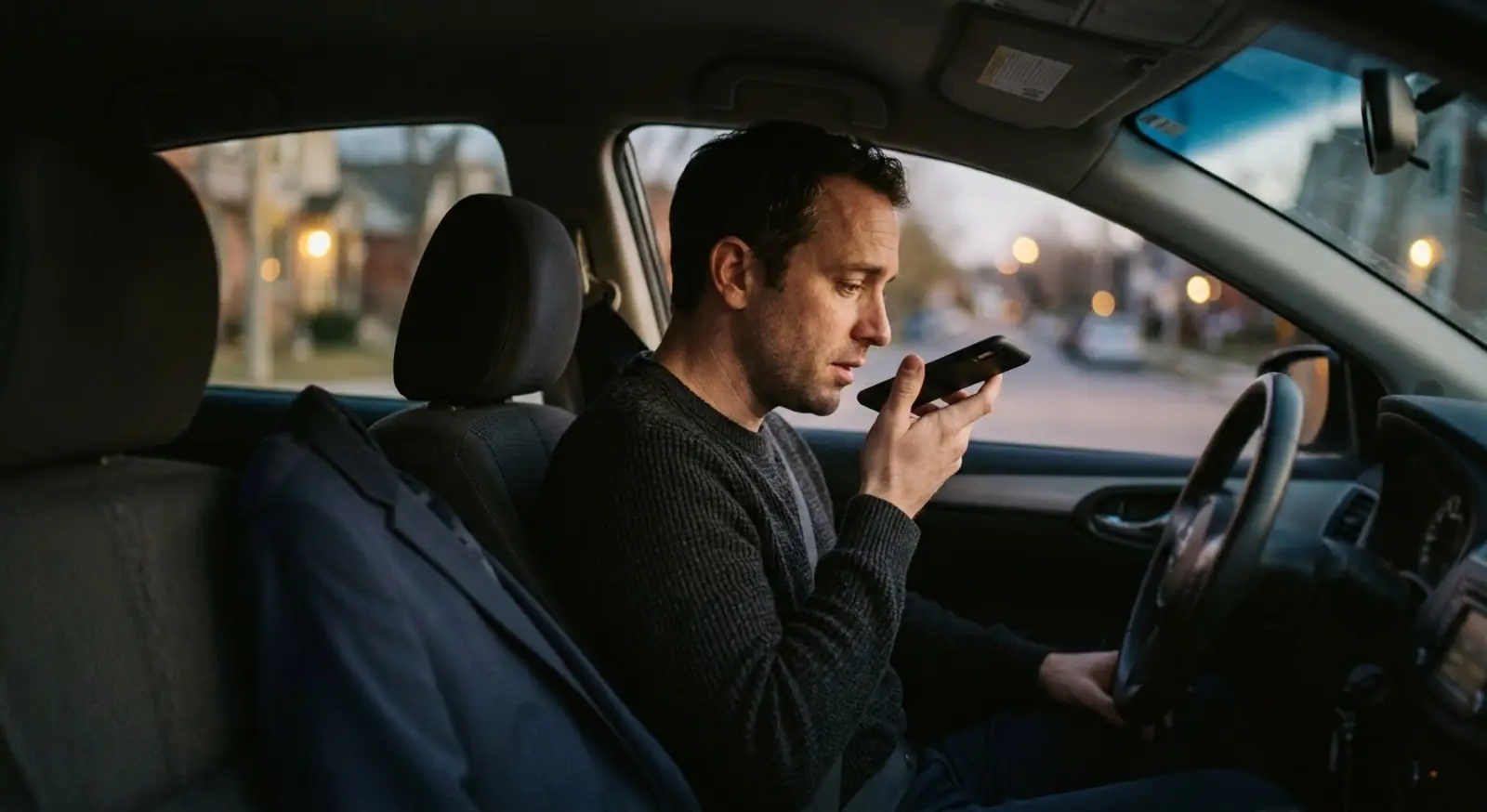 Un homme seul dans sa voiture, téléphone près de la bouche, qui répète son discours.